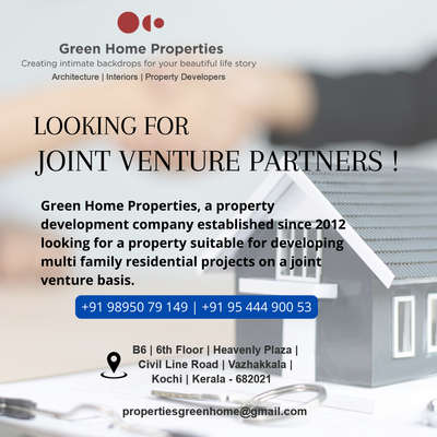 Green Home Properties, a property development company established since 2012 looking for a property suitable for developing multi family residential projects on a joint venture basis
 #jointventure  #propertydevelopers  #landdevelopers  #villaconstrction  #Residentialprojects  #greenhomepropertieskerala  #greenhomebuilders  #greenhomeproperties