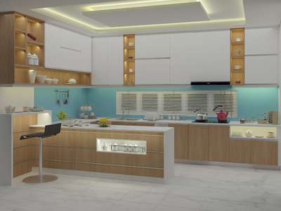 New work 3D view wood and glass finish island kitchen