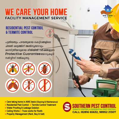 *Termite Control*
we provide Termite Control Treatment for Pre & Post construction buildings.
പുതിയതായി പണിയുന്നതും നിലവിൽ പണി തീർന്നതുമായ താമസമുള്ളതുമായ കെട്ടിടങ്ങളിലെ ചിതൽ ശല്യത്തിന് പരിഹാരം നല്കുന്നു.  വർഷങ്ങളുടെ Protective Guarantee  നല്കുന്നു. മണമില്ലാത്തതും ലോ കോത്തര നിലവാരമുള്ള chemical ഉപയോഗിക്കുന്നു