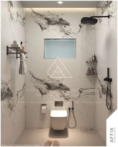 Minimal luxury bathroom featuring bold marble walls, sleek black rain shower, floating vanity, and soft backlit mirror—creating a calm, elegant space that blends modern design with warmth and functionality. #Architect  #architecturedesigns  #Architectural&Interior  #kerala_architecture  #best_architect  #toiletdesign