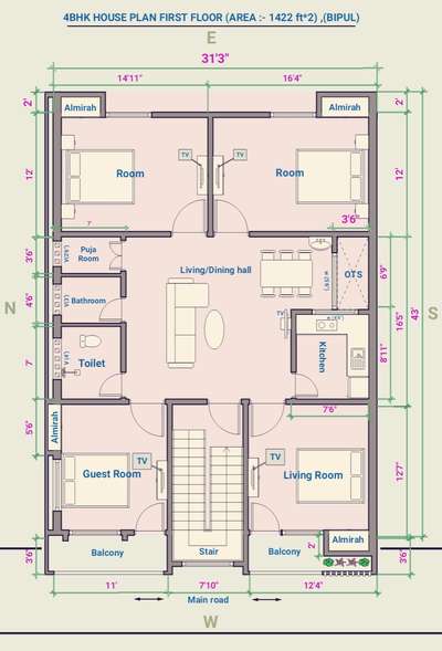 4BHK HOUSE PLAN WEST FACING AREA (1422FT*2)