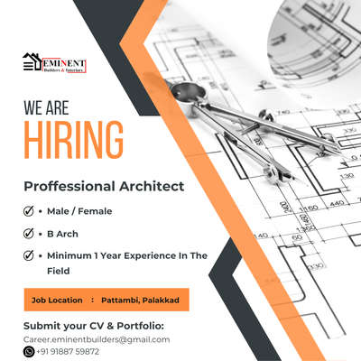 Seeking Talented Architect: Join Our Team at Eminent Builders and Interiors.

Eminent_builders & Interiors
📞 8138901580
📞 9188759872
🌐 www.eminentbuilders.in
#hiring #keralajobs #architecthiring #keralaarchitect #architecthiring #consultancy #keralajobs #consultancyservices
