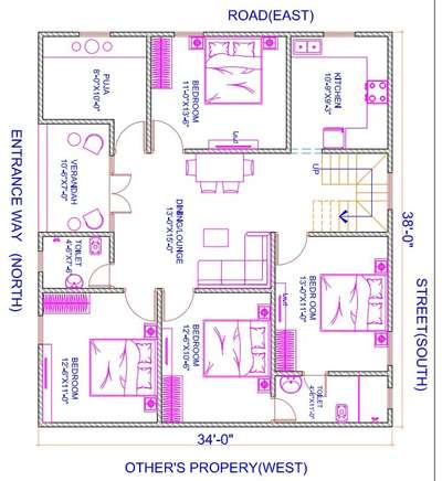 sketch plane of 34'-0"X38'-0".(4bhk)