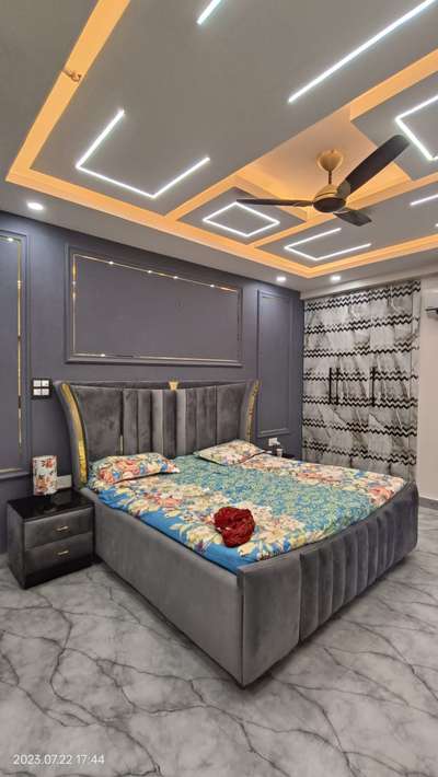 complete bedroom with walls,ceiling, flooring, wordrobe,bed, side table,wall molding, lighting, profile lights  #profilelights faulse ceiling gypsum  #modern bed #sidetable