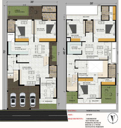 35'-0"X70'-0"
NORTH FACING 
G+1
DUPLEX HOUSE 
3 BEDROOMS 
ALL BEDROOMS ATTACHED TOILET 
DRAWING ROOM/OFFICE 
OPEN KITCHEN 
BIG PARKING SPACE
TENTATIVE PORTTION WITH 2 BHK
ON FIRST FLOOR 
BACK SIDE LAWN SPACE
 #NorthFacingPlan #DuplexHouse 
#greenhouse #2BHKPlans #3bedroom