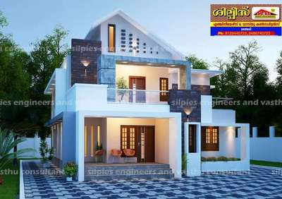 #Proposed Design At  #Kannur #                                           Ground Floor: Sit Out , Guest Living , Family Living , 2 Bed rooms with attached toilet, Court yard, Dining, Kitchen , Work Area, Store.                                       First Floor: Bed room with attached toilet, Upper living, Balcony .                                                             Ground Floor Area: 1588 Sqft.         First floor Area: 877 Sq ft