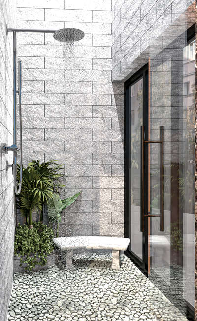 #openbathroom  #cobblestone  #shower #IndoorPlants