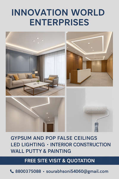 Give your ceilings the premium touch they deserve!
At INNOVATION WORLD ENTERPRISES, we create elegant gypsum and POP false ceilings with stunning LED lighting, wall putty, and painting – all under one roof.
Book your FREE site visit today and experience quality you can trust!”


#InteriorDesign #FalseCeiling #POPDesign #GypsumCeiling #LEDLighting #PaintingWork #HomeRenovation #DelhiNCR #KoloIndia #innovationworldenterprises