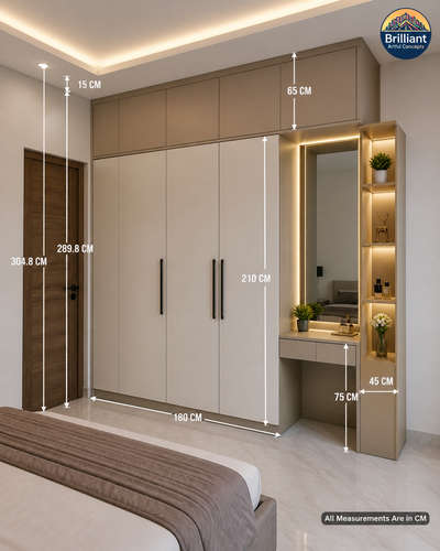 Luxury Wardrobe Design with Study Table | Modern Bedroom Interior Measurements (CM) | Space Saving Design

Description:
Looking for a smart and luxury bedroom wardrobe design with study setup? ✨

This redesigned premium bedroom concept features:
✔ Large wardrobe with practical storage
✔ Attached study table setup
✔ Open display shelves with warm LED lights
✔ Premium wood + cream finish
✔ False ceiling lighting
✔ Clean measurement layout in CM for easy execution

📏 Cutting List (Approx. in CM):
• Total Room Height: 305 CM
• Ceiling Drop: 15 CM
• Wardrobe Height: 210 CM
• Loft Height: 60 CM
• Wardrobe Width: 180 CM
• Study Table Width: 120 CM
• Side Shelf Depth: 45 CM