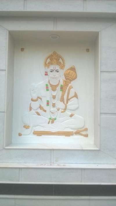Hanuman ji, hand carved relief art work made of white cement.