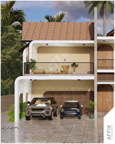 The façade is dominated by smooth white curved bands formed by pre-casted concrete structures, which run continuously from the ground up to the top floor, framing the recessed warm beige walls and arched natural wood doors; this strong vertical element contrasts beautifully with the horizontal brown paneling, black balcony railing, and the pitched terracotta-style roof. #Architect  #architecturedesigns  #Architectural&Interior  #architectsinkerala  #kerala_architecture  #best_architect  #house_exterior_designs  #exteriorart