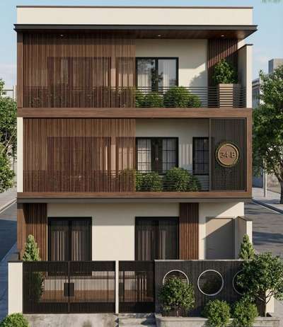 Modern Living Wrapped in Warmth & Texture
A contemporary G+2 residence designed with a strong balance of privacy, light, and natural materials.
Vertical wooden screens create a dynamic facade filtering sunlight, enhancing depth, and adding a refined rhythm to the elevation.
The combination of clean white volumes + warm wood tones + integrated greens brings a calm, sophisticated identity to urban living.
Every detail from balcony layering to screen density has been carefully designed to elevate both aesthetics and functionality. ##architecturedesign #modernfacade  #residentialdesign  #ElevationDesign 
#contemporaryarchitecture  #facadedesign  #architectsofindia  #indianarchitecture 
#modernhome #luxuryhomesindia  #houseelevation #urbandesign