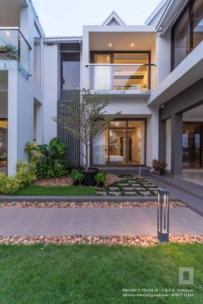 #landscaping#modern elevation#glass handrail#granite pathway #electricaldesigning