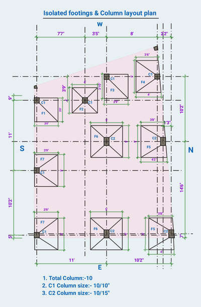 1BHK column & isolated footing layout plan