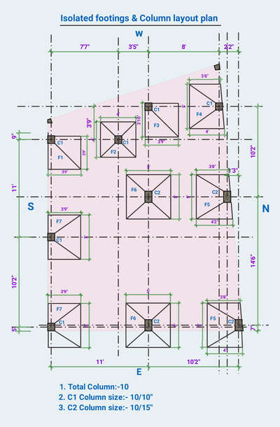 1BHK column & isolated footing layout plan