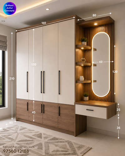 🔥 Premium Bedroom Interior Design with Measurements (CM) | Space-Smart Luxury Setup

━━━━━━━━━━━━━━━━━━━
✨ Want a modern luxury bedroom with perfect measurements?
This design helps you create a premium, well-balanced bedroom layout with practical dimensions 👇

━━━━━━━━━━━━━━━━━━━
✔️ Key Features:
• Soft pastel theme with elegant wardrobe design
• Full-height storage with panel detailing
• Comfortable bed placement with side tables
• Cove ceiling with warm LED lighting
• Mirror + dressing integration
• Clean and spacious South Indian premium look

━━━━━━━━━━━━━━━━━━━
📏 Why Measurements Matter?
✔️ Perfect furniture placement
✔️ Smooth execution on site
✔️ Balanced spacing & walking area
✔️ No design mistakes

━━━━━━━━━━━━━━━━━━━
📐 Cutting List (Approx. in CM):
• Total Room Height: 289.8
• Ceiling Drop: 15
• Wardrobe Height: 210
• Loft Height: 65
• Bed Size: 190 × 150
• Wardrobe Depth: 60

━━━━━━━━━━━━━━━━━━━
✔️ We specialize in:
• Modular Kitchen
• Wardrobe
• TV Cabinet
• Wall Paneli