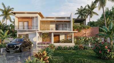 This contemporary residence stands out with its clean lines, minimalist geometry and a perfectly balanced blend of modern materials. The design emphasizes openness, natural light, and warm detailing, creating a home that feels inviting while maintaining a sophisticated architectural language.

The facade features bold slab projections, sleek glass railings, and a tasteful mix of textured finishes. Warm wooden cladding softens the modern structure, adding depth and character, while the large windows and sliding openings enhance cross ventilation and visual connectivity with the outdoors.

The upper balcony and pergola area introduce a refreshing green touch, creating a calm retreat and elevating the overall aesthetic. The landscape is carefully planned with lush tropical greens, flowering plants, and a neat cobblestone driveway that complements the home's contemporary styling.
#HouseConstruction 
#InteriorDesigner 
#Architectural&Interior