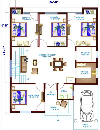 sketch plane of 36'-0"X41'-0".(4bhk)