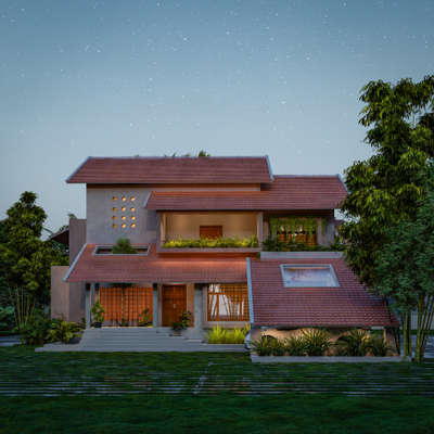 Modern comfort meets rustic charm in this 4BHK with a stylish sloped roof 🏡  #SlopingRoofHouse #3d #architecturedesigns #KeralaStyleHouse #keralastyle