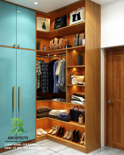 Modern teal wardrobe with sleek wood accents & open storage for shirts, shoes & accessories – perfect blend of style and function.

Client : KB Nambiar 
Area : FF Bed Wardrobe