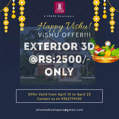 A Frame Developers VIshu Offer!!!!
High Quality Exterior 3D View @Rs:2500 only
Offer valid upto April 25
For more details Contact us 
9562774120
 #vishuoffer #koloapp #3d #home3ddesigns #exterior_Work #exteriordesigns #exterior3D #exteriorcladingstone #FloorPlans #kolopost