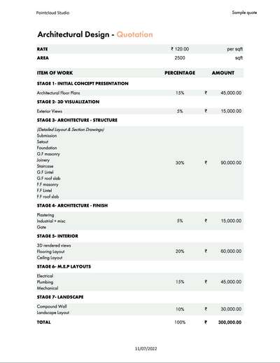 *Architectural Design *
Note
#Rates are negotiable as per project scope #
Clients may choose the extent of services they need and will be invoiced accordingly 

Services include Architecture design services:

Stage 1: Initial concept presentation
Stage 2: 3D visualisation
Stage 3: Architecture Structure
Stage 4: Finish
Stage 5: Interior
Stage 6: MEP
Stage 7: Landscape

3rd party consultation is not included