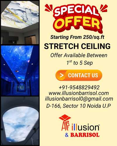 ✨ Imagine looking up and seeing art, not just a plain ceiling.
From dreamy skies to sleek modern designs — we make it happen. 💫
👉 And the best part? It starts at just ₹250/sq.ft.
📅 Hurry, this special offer is only from 1st – 5th Sept!
Because every home deserves a touch of luxury. 🏡
#StretchCeiling #LuxuryDesign #InteriorGoals #HomeDecor #InteriorDesign #LuxuryLiving #CeilingArt  #SpecialOffer #HomeImprovement #ModernDesign #DreamyInteriors #AffordableLuxury #moderndesigns #offer #luxurydesign #interiordesign #illusionbarrisol