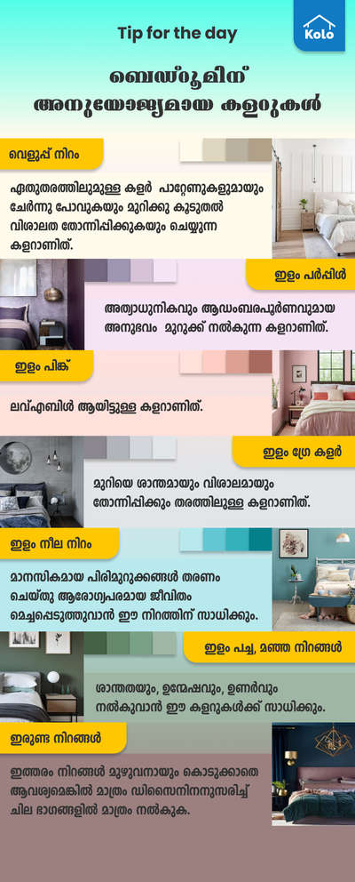 * Tip for the day *

* ബെഡ്റൂമിന്  അനുയോജ്യമായ കളറുകൾ.*
#tip #tips