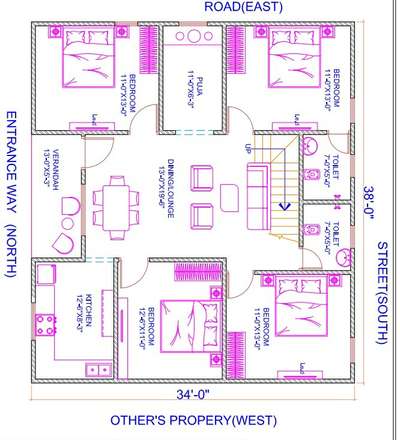 sketch plane of 34'-0"X38'-0".(4bhk)