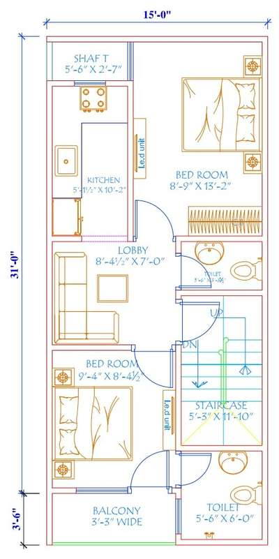 Sketch plan of 15'-0"x31'-0"
2 bhk