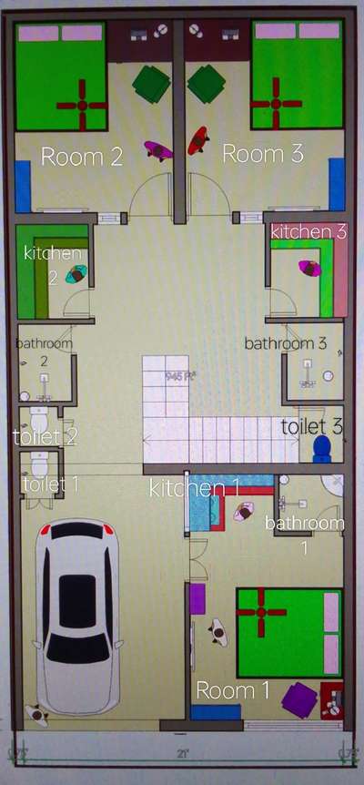 3 family living plan
In 21 ×45 fit
Room size 10×12 fit
Kitchen size 5×6 fit
Bathroom 4×5 fit
Toilet 3×3 fit 
Gallery 10×16 fit