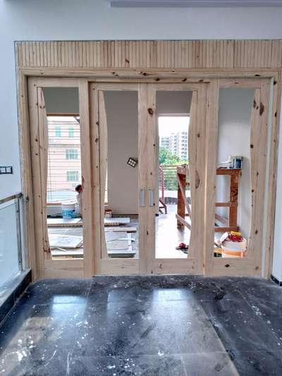 pine sliding door natural glass door #GlassDoors  #4DoorWardrobe  #DoubleDoor