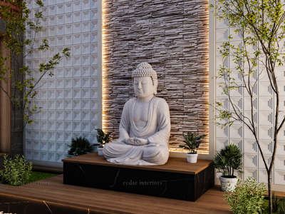 modern Zen courtyard features a central Buddha statue set against a backlit stone feature wall and geometric 3D panels. Flanked by lush greenery and textured slate walls, the space is crowned by a sleek pergola. A white pebble path leads the eye toward this serene, light-filled architectural sanctuary.
#landscapedesign #landscapephotography #landscapelovers #walldecor #wallart #budhana #greenliving #MeditationVibes #peaceofmind