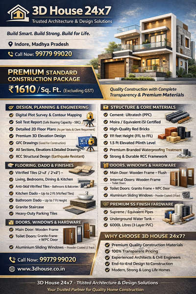 🏡 Build Your Dream Home at an Affordable Price!
✔️ Floor Plan @ ₹1 / sq. ft.
✔️ 3D House Plan @ ₹1 / sq. ft.
✔️ 3D Elevation @ ₹1 / sq. ft.
✔️ Complete Architectural Planning @ ₹10 / sq. ft.
✔️ 3D Interior Design @ ₹15 / sq. ft.
✔️ House Construction @ ₹1500 / sq. ft.
✨ Experts in House, Bungalow, Apartment, Shop, School & Commercial Designs
👉 View Our Work:
🌐 www.3dhouse.co.in

3D House 24x7 – Trusted Architecture & Design Solutions