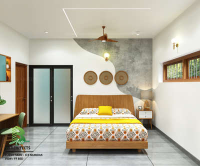 Calm bedroom oasis 
🌿🛋️ wood tones, teal accents, and sunshine yellow blankets create a peaceful, modern retreat.

Client : KB NAMBIAR
Area : FF BED