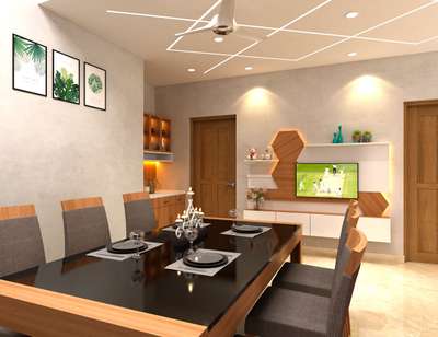 4ever interiors dining area with 
dining table ,tv unit, crockery and false ceiling works..