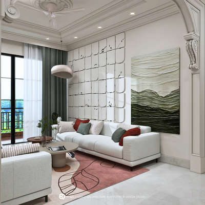 "Bold whites, earthy greens & terracotta tones - Qala Kriti crafts a living room where art, texture & design come alive in timeless harmony."

 #InteriorDesigner #Architectural&Interior #LivingroomDesigns #LivingRoomCarpets #Architectural_Drawing