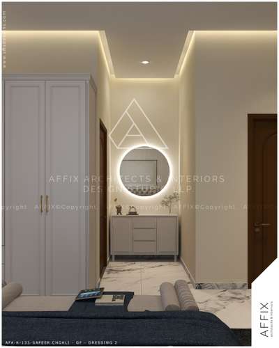 A clean and elegant dressing corner with soft lighting, a round backlit mirror, and simple cabinetry—calm, functional, and beautifully minimal. #Architect  #architecturedesigns  #Architectural&Interior  #architecturekerala  #kerala_architecture  #best_architect