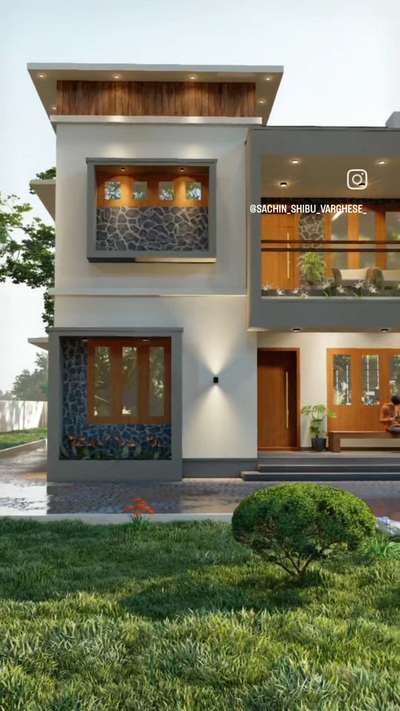 A sleek, modern flat roof with minimalist elements and wood-textured accents on the upper level, enhancing the clean lines and modern aesthetics. The design highlight open balconies, natural rr  stone cladding, and warm wooden textures, offering a perfect balance of form and function.
 #KeralaStyleHouse 
#architecturedesigns  
 #HouseRenovation