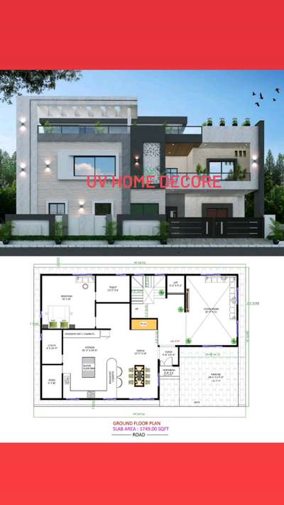 Ground Floor 2D Layout Plan With Front Elevation Design