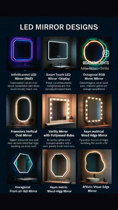 ✨ Style Your Reflection ✨
Step into the world of brilliance with Gadaria Lights — where innovation meets elegance.
Explore our exclusive collection of custom LED mirrors made with recycled materials, crafted for modern living.

🪞 Touch. Glow. Reflect.
🌿 Sustainable | 🔆 Smart | 🎨 Stylish

📍 Visit our showroom today
#GadariaLights #LEDMirrors #InteriorGoals #SmartMirror #SustainableDesign #HomeDecorIndia #VanityMirror #LightingShowroom #EcoLuxury