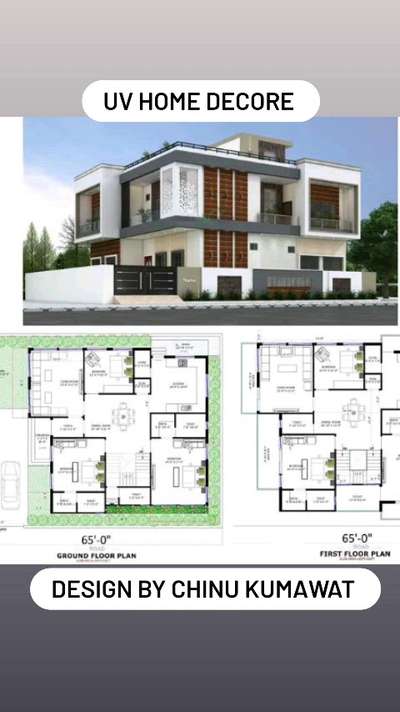 65'X50' ground floor and First floor layout plan with 3D Elevation design