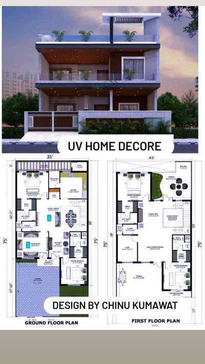 35'X75' West Facing 5BHK Ground floor and First floor Layout Plan With Front Elevation Design