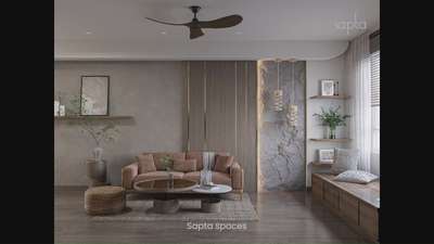 Living Room Interior . 
 #LivingroomDesigns  #walkthrough  #walkthrough_animations  #animation  #3danimation  #woodenpaneling  #concretefinish  #Contractor  #InteriorDesigner  #CeilingFan  #upvcventilation  #WoodenFlooring  #Sofas