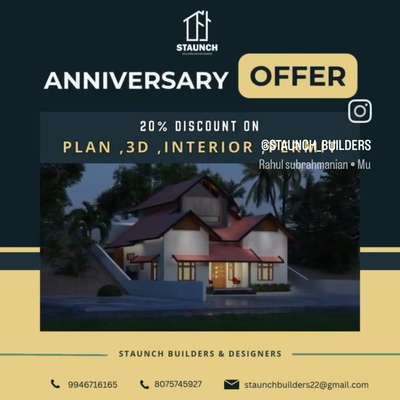 നിങ്ങൾ വീട് പണിയെ കുറിച്ചുള്ള ആലോചനയിലാണോ..? ഞങ്ങളുടെ കമ്പനി അണിവേഴ്സറി പ്രമാണിച്ച് Plan, Building permit, 3D design എല്ലാം ഒരുമിച്ച് 20% Discount ൽ സ്വന്തമാക്കാൻ നിങ്ങൾക്കിതാ ഒരു സുവർണ്ണാവസരം... Building permit കേരളത്തിൽ എവിടെയും 3000 sqft വരെ ഒറ്റദിവസം കൊണ്ട് ഞങ്ങൾ എടുത്ത് നൽകുന്നു..കൂടുതൽ വിവരങ്ങൾക്ക് @staunch_builders Please contact in 
our number

#3d #ContemporaryHouse #ContemporaryDesigns #contemporary #contemporaryhome #3DPlans #3dmodeling #ElevationDesign #RoofingDesigns  #3dsesign #3dmax #keralahomeinterior #keralaarchitecture #keralahousestyle #modernhouse #boxtypeelevation #boxtypehouse #lowbudget #mixedroof #exteriordecor #exteriors #exteriordesigning #homeexterior #keralaexterior #2dplan #traditionalhome #colonialhouse #interiordesign #viral #BuildingSupplies