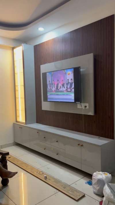 TV Unit with Louvers amazing Design and Small kitchen 😀 #tvunits  #tvinterior  #viralkolovideo