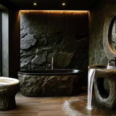 The art of stone looks bathtub,  toilet seat, wash basin with mirror  and bathroom wall crafted for our esteemed customers by #VERRONdesigns powered by #COLSTON