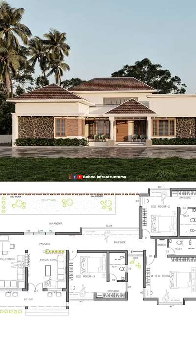 2700 Sq.ft ൽ ഡിസൈൻ ചെയ്ത ഒരു മോഡേൺ ട്രെഡിഷണൽ വീടും പ്ലാനും 🏡💕👌