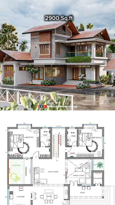 2900Sq.ft ൽ ഡിസൈൻ ചെയ്ത ഒരു ട്രോപിക്കൽ വീടും പ്ലാനും 🏡💕