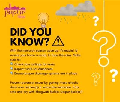 🌧️ Monsoon Alert! 🌧️

With the monsoon season upon us, it’s crucial to ensure your home is ready to face the rains. Make sure to:

🔍 Check your ceilings for leaks
🔍 Inspect walls for dampness
🔍 Ensure proper drainage systems are in place

Prevent potential issues by getting these checks done now and enjoy a worry-free monsoon. Stay safe and dry with Bhagwati Builder (Jaipur Builder)!